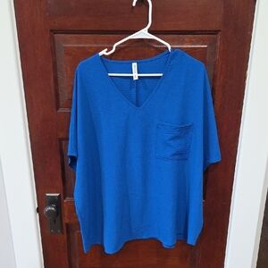 Vibrant Blue V-Neck Top with Pocket